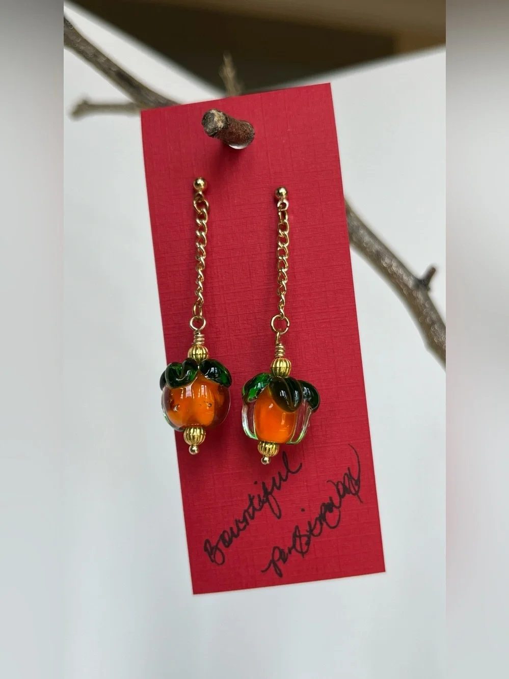 Hand Crafted Gold Chain Drop Earrings with Orange and Green Glass Persimmons